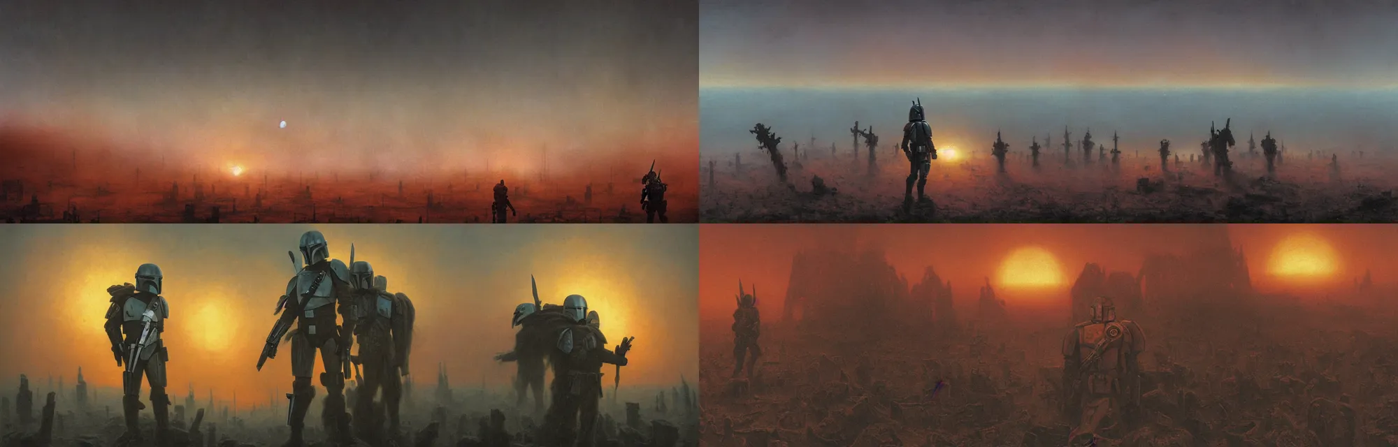 Prompt: close up mid shot of mandalorian with backlight watching nuclear war explosion on jupiter graveyard wasteland with fog during sunset , panoramic cinematic very sharp oil painting by beksinski