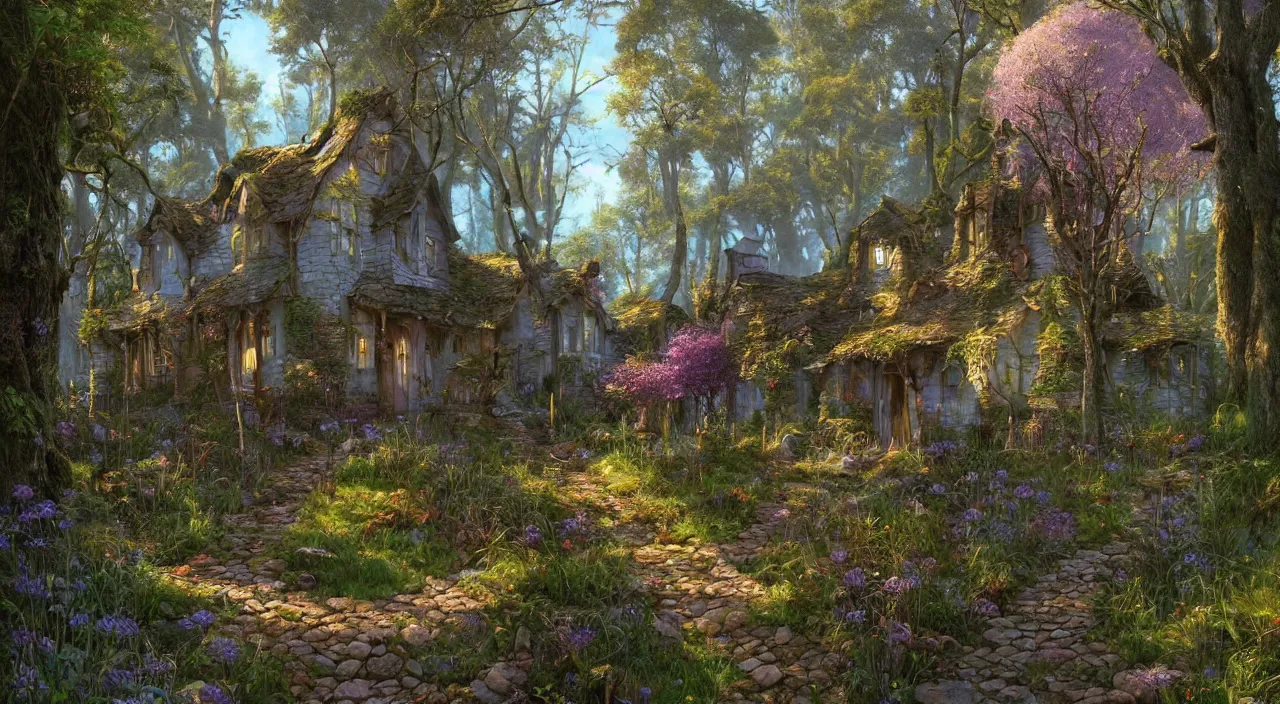 Prompt: hyper realistic homely ornate modern witch cottage distant down a path in the purple swamp gorgeous lighting, blue sky, highly detailed, lush forest by zdzisław beksinski and norman rockwell and greg rutkowskiweta studio, and lucasfilm