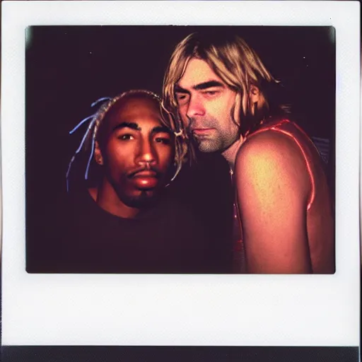 Prompt: Polaroid photograph of very Kurt Cobain and very Tupac Shakur in a club, blurry, XF IQ4, 150MP, 50mm, F1.4, ISO 200, 1/160s, natural light, Adobe Lightroom, photolab, Affinity Photo, PhotoDirector 365,