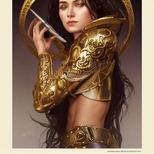 Image similar to an attractive young female wearing an ornate metallic helmet, olive skin, long dark hair, beautiful bone structure, intricate, elegant, highly detailed, digital painting, artstation, concept art, smooth, sharp focus, illustration, art by artgerm and greg rutkowski and alphonse mucha