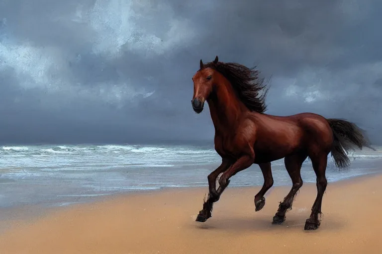 Image similar to a horse running on the beach by greg rutkowski, golden ratio