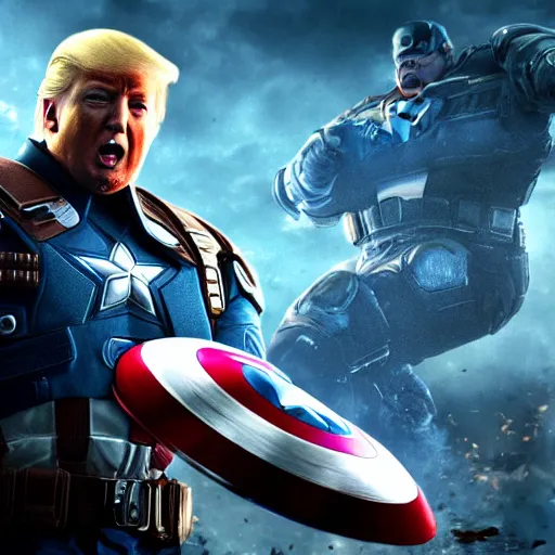 Image similar to Portrait of Donald Trump as captain america in Gears of War, splash art, movie still, cinematic lighting, dramatic, octane render, long lens, shallow depth of field, bokeh, anamorphic lens flare, 8k, hyper detailed, 35mm film grain