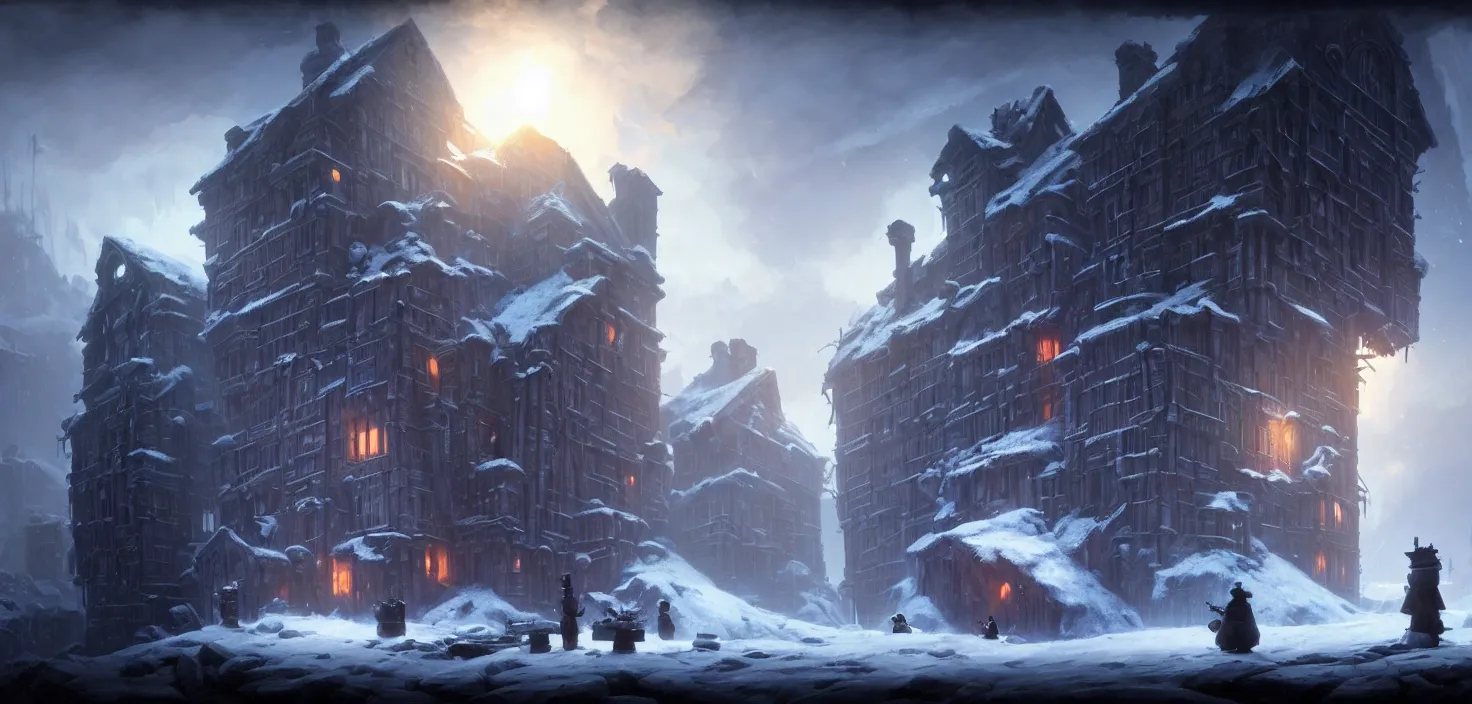 Prompt: frostpunk portal house, cinematic view, epic sky, no people, detailed, concept art, high detail, warm lighting, volumetric, godrays, vivid, beautiful, trending on artstation, by jordan grimmer, huge scene, art greg rutkowski