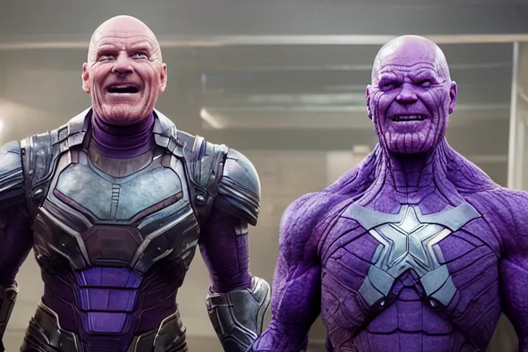 Image similar to promotional image of bald Bryan Cranston as Thanos in Avengers: Endgame (2019), purple skin color, dynamic action shot, laughing, movie still frame, promotional image, imax 70 mm footage