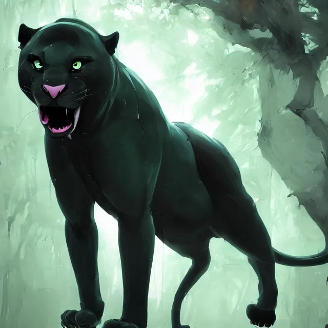 Prompt: a beautiful painting of a handsome anthropomorph dark gray panther fursona. green and black human hair on the head. disney character design by cory loftis, fenghua zhong, ryohei hase, ismail inceoglu and ruan jia. artstation, volumetric light, detailed, photorealistic, rendered in octane