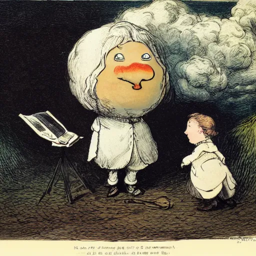 Image similar to candid portrait of white ball with a human face speaking, surrounded by clouds, illustrated by peggy fortnum and beatrix potter and sir john tenniel