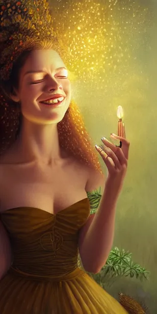 Image similar to adorable woman, serene smile surrounded by golden firefly lights, amidst nature fully covered by a intricate detailed dress, long red hair, precise linework, accurate green eyes, small nose with freckles, smooth oval shape face, empathic, expressive emotions, nocturnal spiritual scene, hyper realistic ultrafine art by artemisia gentileschi, jessica rossier, boris vallejo