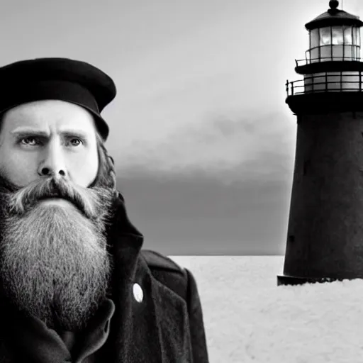 Image similar to Live Action Still of Jerma985 in a film as a Lighthouse Keeper with an overcoat, hat, and beard, black and white, hyperrealistic, ultra realistic, realistic, highly detailed, epic, HD quality, 8k resolution, body and headshot, film still