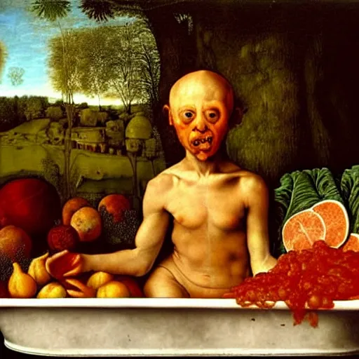 Image similar to a boy sitting in a tub full of ketchup, a lot of cabbage, dinner is served, by giuseppe arcimboldo and ambrosius benson, renaissance, fruit, intricate and intense oil paint, realistic