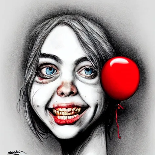 Prompt: surrealism grunge cartoon portrait sketch of billie eilish with a wide smile and a red balloon by - michael karcz, loony toons style, mad max style, horror theme, detailed, elegant, intricate