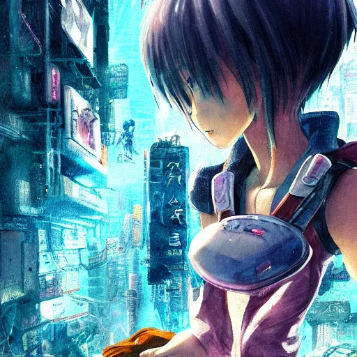 Image similar to dynamic composition, motion, ultra-detailed, incredibly detailed, a lot of details, amazing fine details and brush strokes, colorful and grayish palette, smooth, HD semirealistic anime CG concept art digital painting, watercolor oil painting of Clean and detailed post-cyberpunk sci-fi close-up schoolgirl in asian city in style of cytus and deemo, blue flame, relaxing, calm and mysterious vibes,, by a Chinese artist at ArtStation, by Huang Guangjian, Fenghua Zhong, Ruan Jia, Xin Jin and Wei Chang. Realistic artwork of a Chinese videogame, gradients, gentle an harmonic grayish colors. set in half-life 2, Matrix, GITS, Blade Runner, Neotokyo Source, Syndicate(2012), dynamic composition, beautiful with eerie vibes, very inspirational, very stylish, with gradients, surrealistic, dystopia, postapocalyptic vibes, depth of field, mist, rich cinematic atmosphere, perfect digital art, mystical journey in strange world