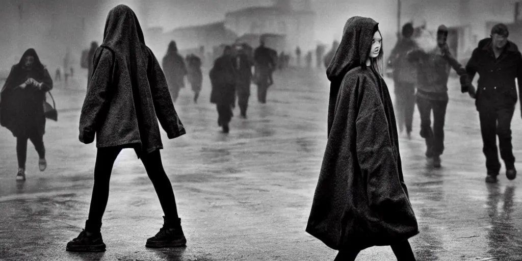 Image similar to sadie sink in hoodie offers closed umbrella to pedestrian in ruined square, pedestrians ignore her : grainy b & w 1 6 mm film, 2 5 mm lens, single long shot from schindler's list by steven spielberg. cyberpunk, steampunk. cinematic atmosphere and composition, detailed face, perfect anatomy