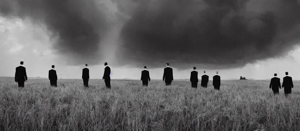 Prompt: 1 3 mm film photograph of a group of tall suited men in a field, liminal, dark, thunderstorm lightning, dark, flash on, blurry, grainy, unsettling