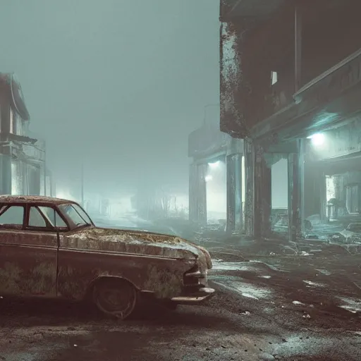 Image similar to wide angle shot of dilapidated fallout 5 in real life, desolate dilapidated town, empty streets, nightmarish, some rusted retro futuristic fallout 4 style parked cars, overcast, blankets of fog pockets, rain, volumetric lighting, beautiful, daytime, autumn, sharp focus, ultra detailed, cgsociety