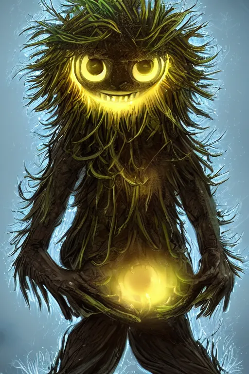 Prompt: a humanoid figure dandelion monster with large glowing eyes, highly detailed, digital art, sharp focus, trending on art station, artichoke, anime art style
