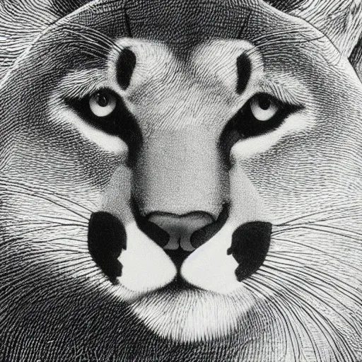 Prompt: extreme close-up, black and white, portrait of a Mountain Lion in the bush, Gustave Dore lithography