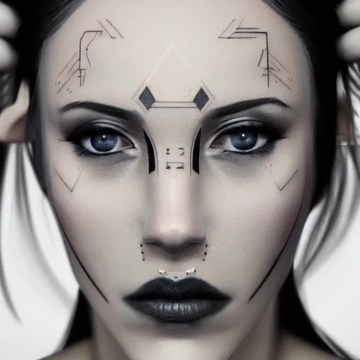 Prompt: face tattoo, minimalistic aesthetics, geometric figures, stunning photo, cinematic lighting, perfect composition, 8K, ultra-detailed , Trending on artstation, Octane render, Unreal Engine, highly detailed
