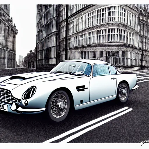 Image similar to copic marker pen drawing of an aston martin db 5 concept car, in a rich london business district street, medium range, sharp, very detailed, high resolution, trending on artstation