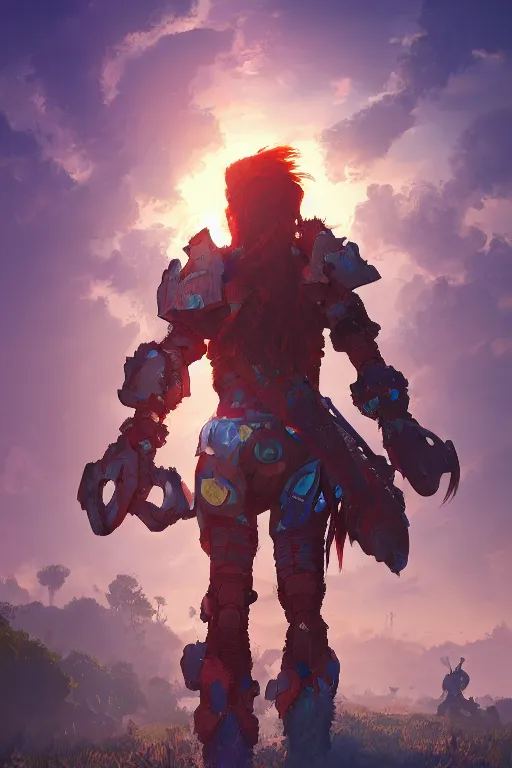 Image similar to combination suit armor aloy horizon forbidden west horizon zero dawn radiating a glowing aura global illumination ray tracing hdr fanart arstation by ian pesty and alena aenami artworks in 4 k tribal robot ninja mask helmet backpack