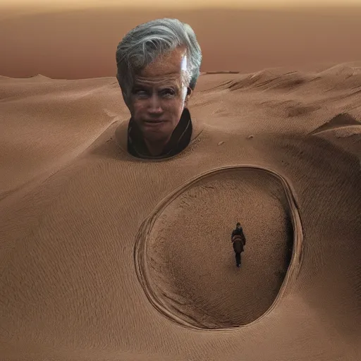 Image similar to dune sandworm with the face of Joe Biden; sand dunes in background, photorealistic, realism