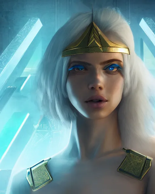 Prompt: girl exploring a pyramid, egyptian cyborg armor, white hair, atmosphere, gold, detailed, intricate, beautiful face, cinematic lighting, trending on artstation, blue eyes, 4 k, focused, extreme details, cinematic, masterpiece, by akihito tsukushi