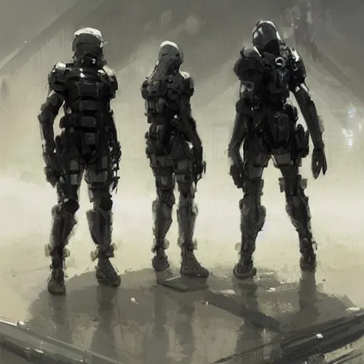 Image similar to concept art by greg rutkowski, soldiers wearing futuristic white and black tactical gear, preparing for combat, brutalist futuristic interior, dim lighting, detailed portraits, nostalgic atmosphere, scifi, digital painting, artstation, concept art, smooth, sharp foccus ilustration, artstation hq