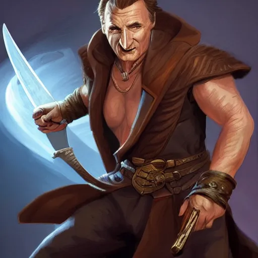 Image similar to Liam Neeson as Burl Gage, Antimage, wielding a dagger, iconic Character illustration by Wayne Reynolds for Paizo Pathfinder RPG