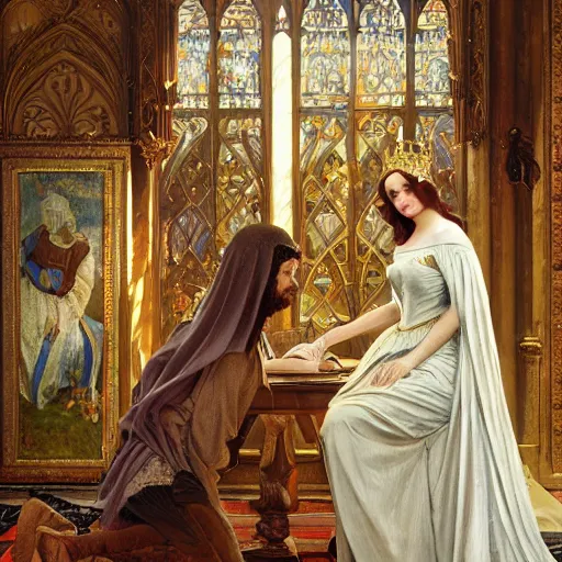 Image similar to kneeling before a proud queen, sitting in a chair while posing for a photo, medieval art, medium shot, intricate, elegant, highly detailed, digital painting, volumetric light, artstation, concept art, smooth, sharp focus, illustration, art by Gil Elvgren and Greg Rutkowski and Alphonse Mucha, 8K