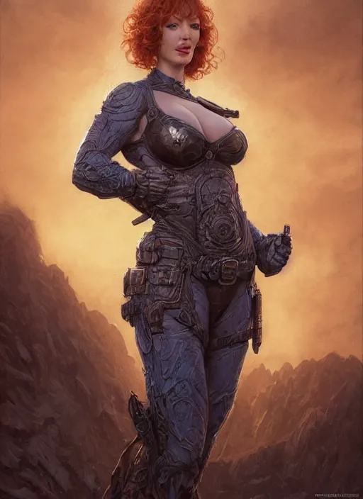 Image similar to Christina Hendricks as a ruggedly handsome hero staring into the camera, extreme muscles, six-pack, golden hour, intricate, elegant, highly detailed, centered, digital painting, artstation, concept art, smooth, sharp focus, illustration, artgerm, donato giancola, Joseph Christian Leyendecker, WLOP, Boris Vallejo, Artgerm