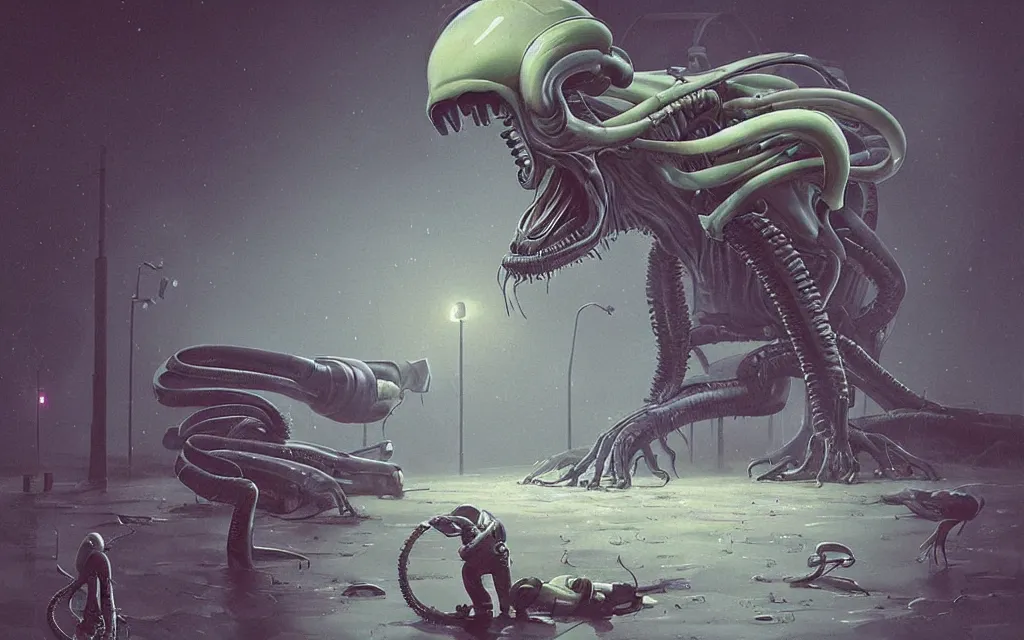 Image similar to A greasy Xenomorph. Digital art, Simon Stålenhag, despair.