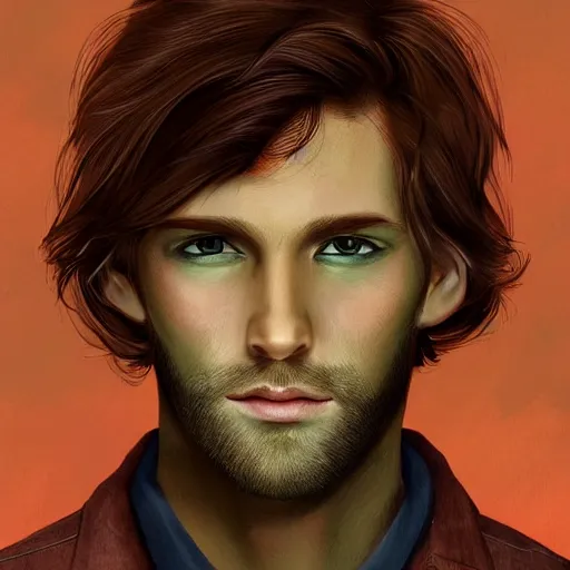 Image similar to professional digital art of a man with natural reddish - brown hair and green eyes, popular, high quality, highly detailed, hd, 4 k