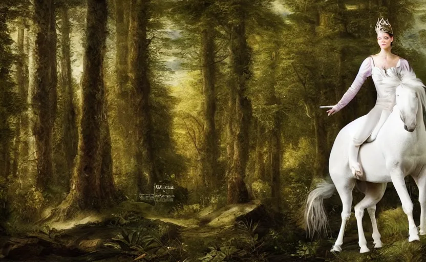 Prompt: adventurous princess riding a white unicorn, in a forest clearing, ultra realistic, photorealistic, portrait, renaissance painting