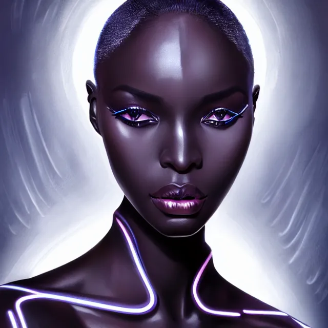 Image similar to african supermodel woman turning into an android portrait, dark surrealism, scifi, intricate, ornate, elegant, sharp eyebrows, platinum hair, highly detailed cybernetic body, neon glowing eyes, digital painting, artstation, concept art, smooth, sharp focus, illustration, art by artgerm and moebius and alphonse mucha