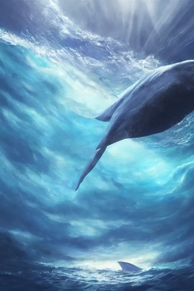 Prompt: a concept scene illustration depicting a blue whale at the bottom of the azure sea, with a crystal texture and a dreamy atmosphere ， super wide angle ， matte painting ， rtx on ， trending on cgsociety and artstation ，