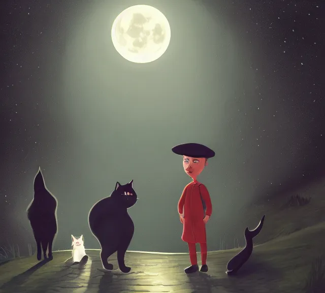 Prompt: an illustration of daan and jamie in the moonlight with a cat who has a hat on, high contrast, highly detailed, sharp focus, digital painting, illustration, trending on artstation,