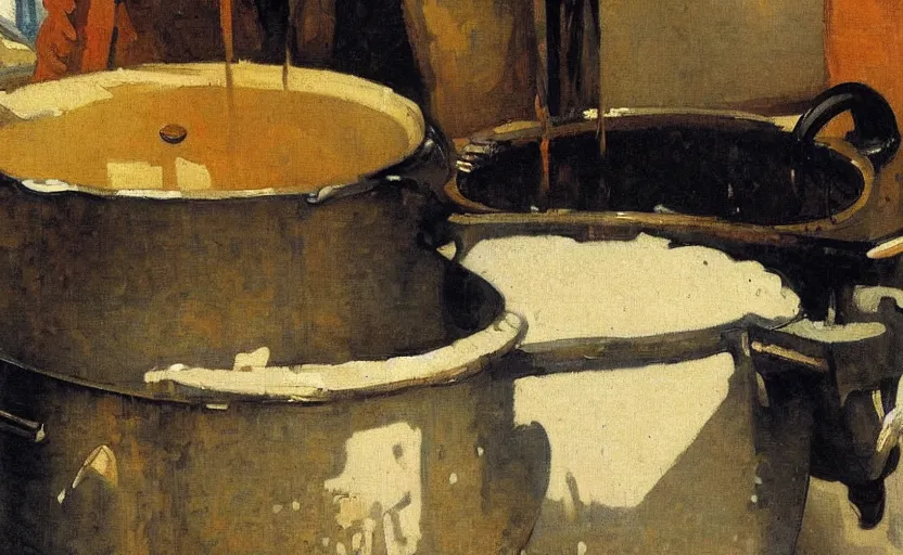 Prompt: a closeup of a pot of boiling water on a stove, stanhope forbes, david bomberg, impressionist painting