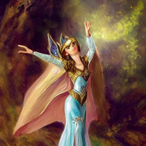 Image similar to jaw - dropping elven princess elegantly dancing in front of a ring of sapphire rose ring, ornate gold border, vignette, warm tri - color, subtle chromatic aberration, painted by francis goya
