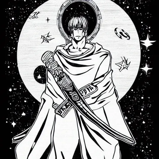 Image similar to black and white pen and ink!!!!!!! MAPPA designed Ryan Gosling x Guts wearing cosmic space robes made of stars final form flowing royal hair golden!!!! Vagabond!!!!!!!! floating magic swordsman!!!! glides through a beautiful!!!!!!! Camellia!!!! Tsubaki!!! death-flower!!!! battlefield dramatic esoteric!!!!!! Long hair flowing dancing illustrated in high detail!!!!!!!! by Moebius and Hiroya Oku!!!!!!!!! graphic novel published on 2049 award winning!!!! full body portrait!!!!! action exposition manga panel black and white Shonen Jump issue by David Lynch eraserhead and beautiful line art Hirohiko Araki!! Rossetti, Millais, Mucha, Jojo's Bizzare Adventure!!