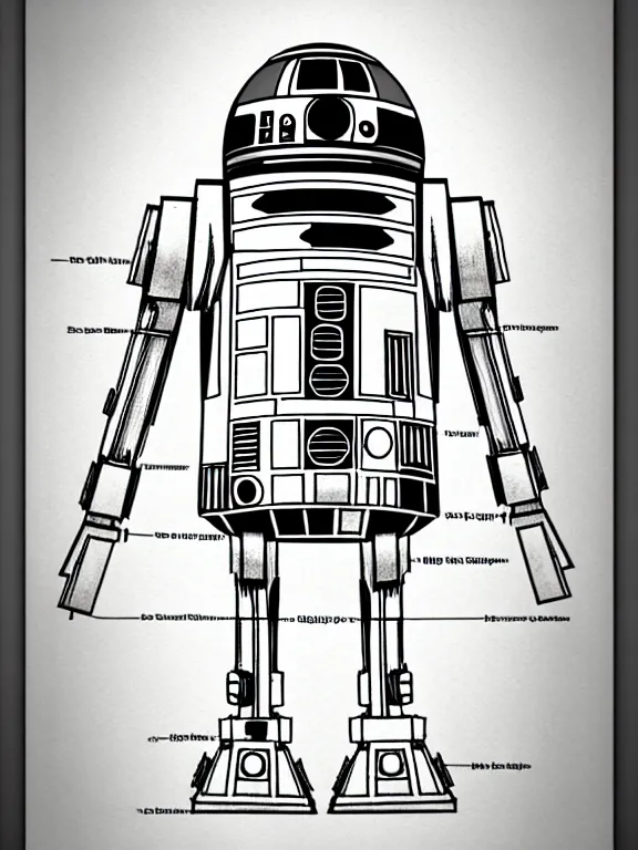 Prompt: vitruvian r 2 d 2 in circle detailed proportions, full details anatomy poster, ultra - detailed, annotations handwritten, scientific schematics, proportions on a circle, blueprint, hyperdetailed vector technical documents, callouts, archviz, legend, patent registry