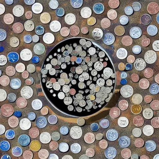 Prompt: a sphere made out of coins and bills, planet, nasa telescope image