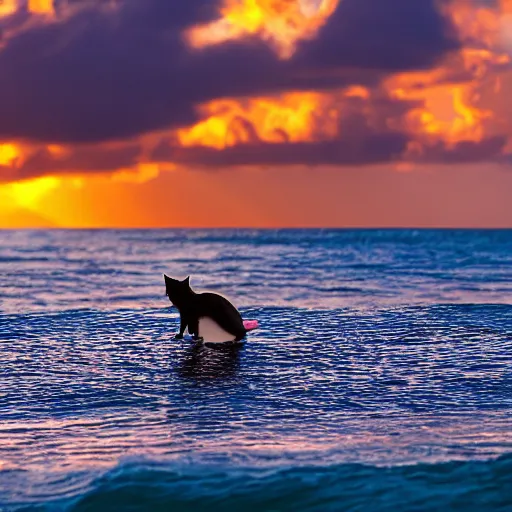 Image similar to a cat that is on a surfboard in the sea in Hawaii during golden hour, epic lighting