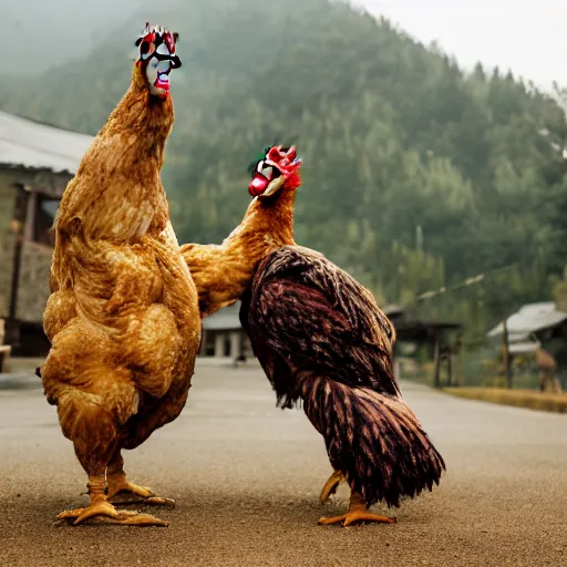 Prompt: Giant automoton chicken destroying a village (1942), Canon EOS R3, f/1.4, ISO 200, 1/160s, 8K, RAW, unedited, symmetrical balance, in-frame