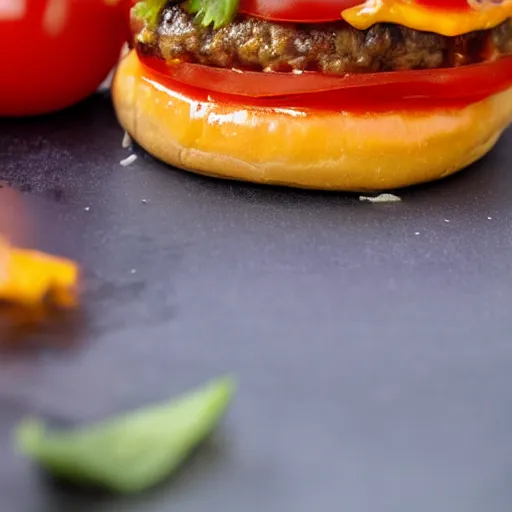 Image similar to closeup photo of most delicious cheeseburger with a slice of tomato inside