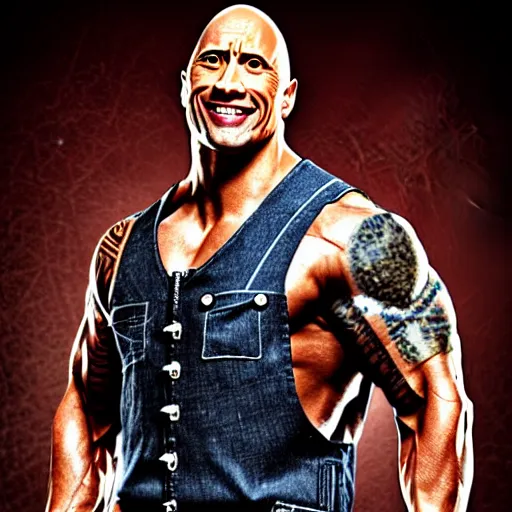 Image similar to dwayne the rock johnson, but he is a dungeons and dragons tiefling. he has overalls and grey skin.