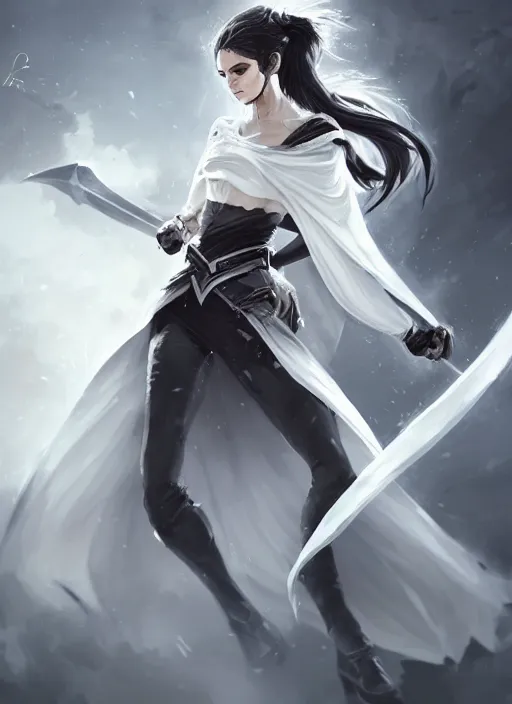 Prompt: a highly detailed illustration of fierce messy ponytail black haired one armed delinquent woman wearing long white coat cape, dramatic wielding sword pose, muscular, intricate, elegant, highly detailed, centered, digital painting, artstation, concept art, smooth, sharp focus, league of legends concept art, wlop.