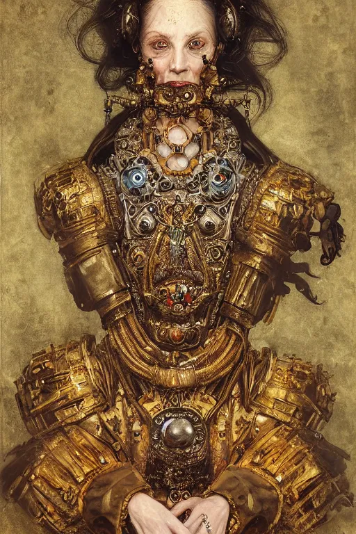 Prompt: portrait, headshot, digital painting, of a old 17th century, old lady cyborg merchant, amber jewels, baroque, ornate clothing, scifi, futuristic, realistic, hyperdetailed, chiaroscuro, concept art, art by waterhouse and klimt