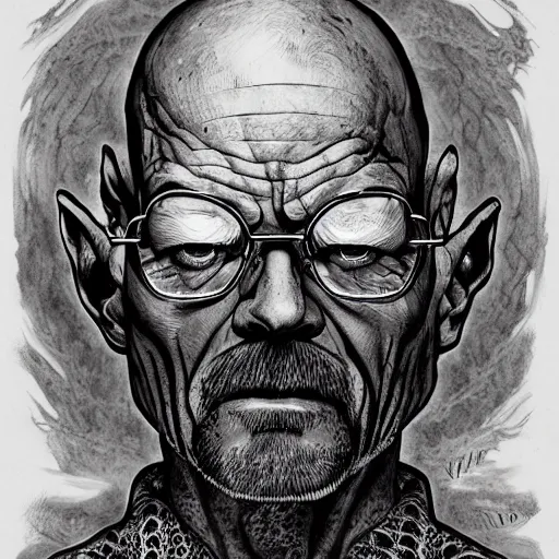 Prompt: Walter White as a Lovecraftian monster, detailed, portrait, intricate, illustration, ink drawing by Kim Jung Gi, hyperdetailed, trending on artstation, highly detailed, Aaron Horkey