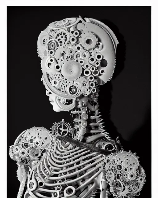 Image similar to black and white dreamy foggy profile face portrait, one steampunk eye biomechanical beautiful young female cyclope - cyborg - robot bust, body ribs meshes,, volumetric light, hibiscus flowers, by hg giger, rim light, by dora maar and cecile beaton, big gothic fashion pearl embroidered collar, 8 k
