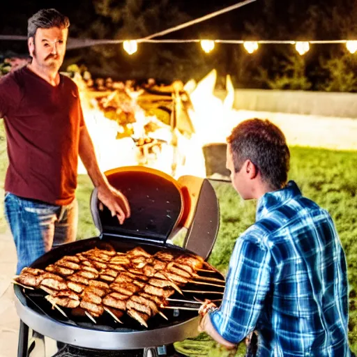 Image similar to two guys in night at the yard grilling kebabs and one guy playing guitar