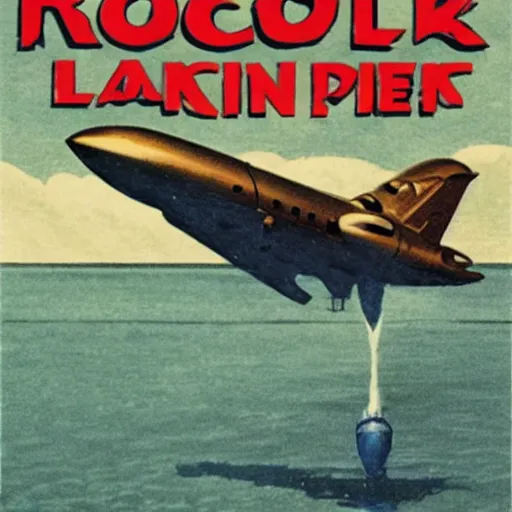 Prompt: rocket landing by a lake in the style of a vintage science fiction book cover